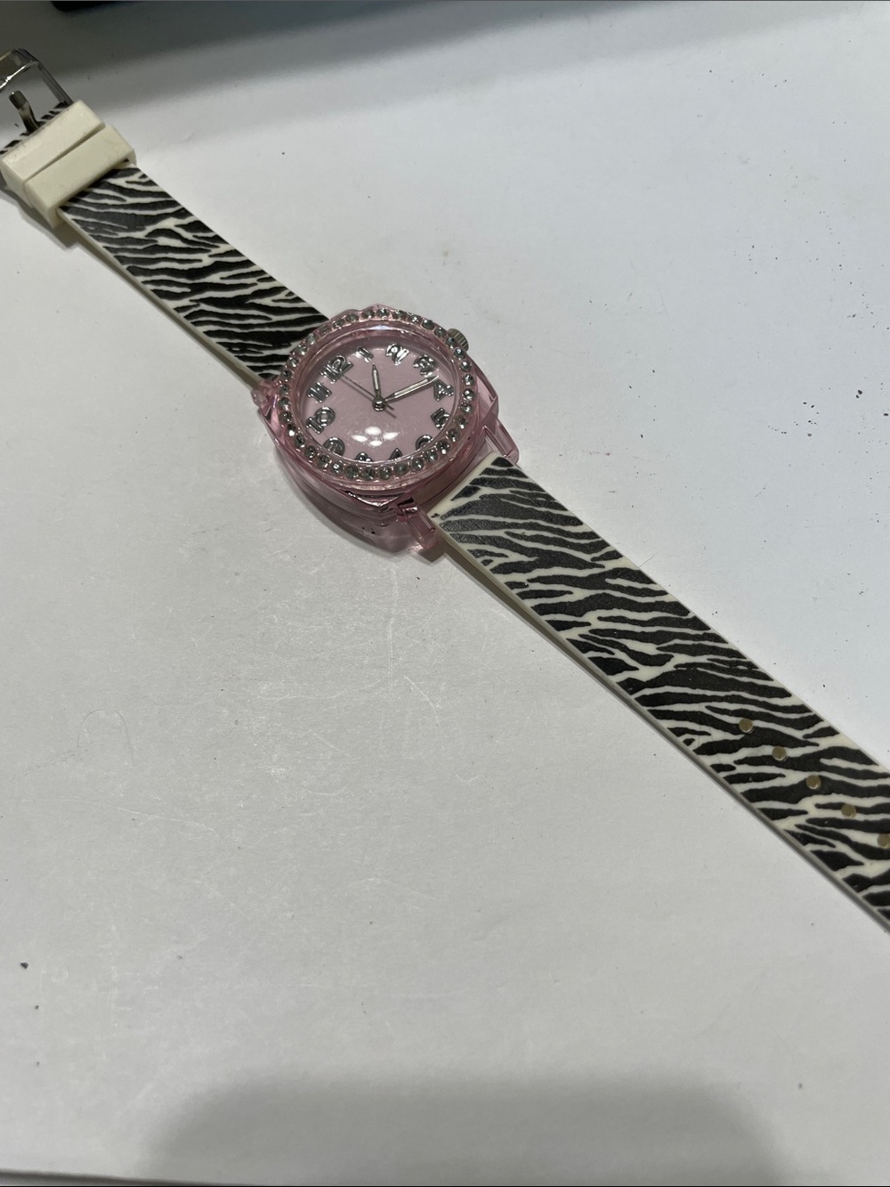 Pink Crystal Accent Womens Watch with Zebra Print Strap.  Needs Battery.